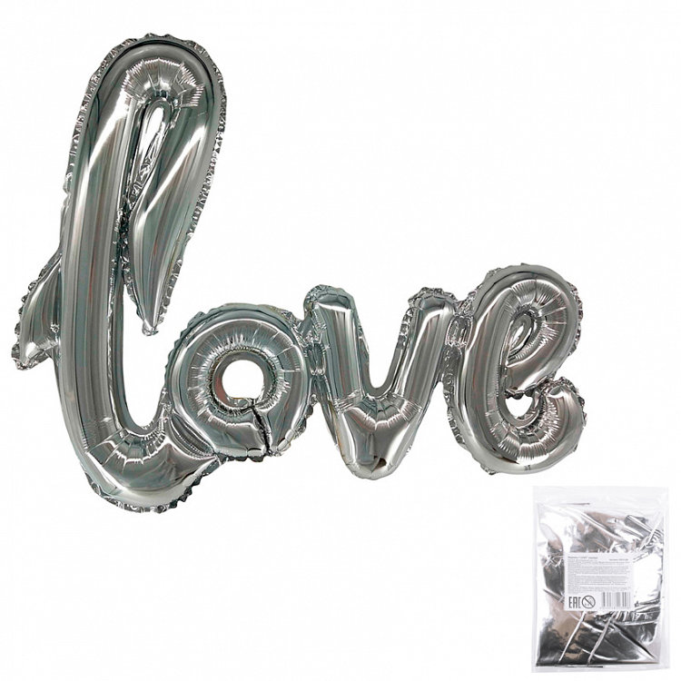 Шар (41''/104 см) Фигура, Надпись "Love", Серебро, 1 шт.