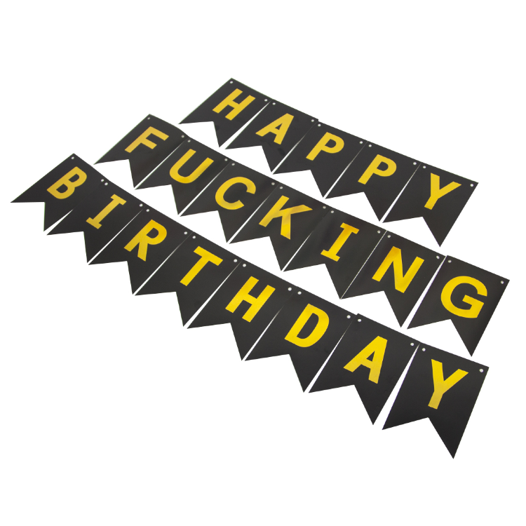 Гирлянда Флажки, Happy Birthday для взрослых, Черный/Золото, Металлик, 500 см, 16*12 см